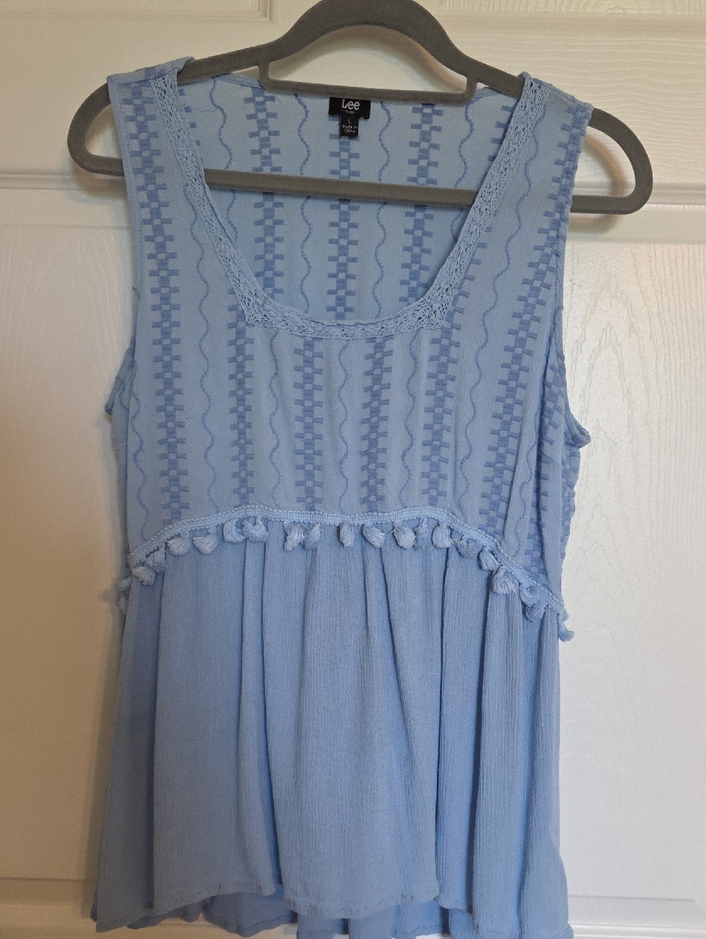 Lee Sky Blue Sleeveless Tassel-Trim Top